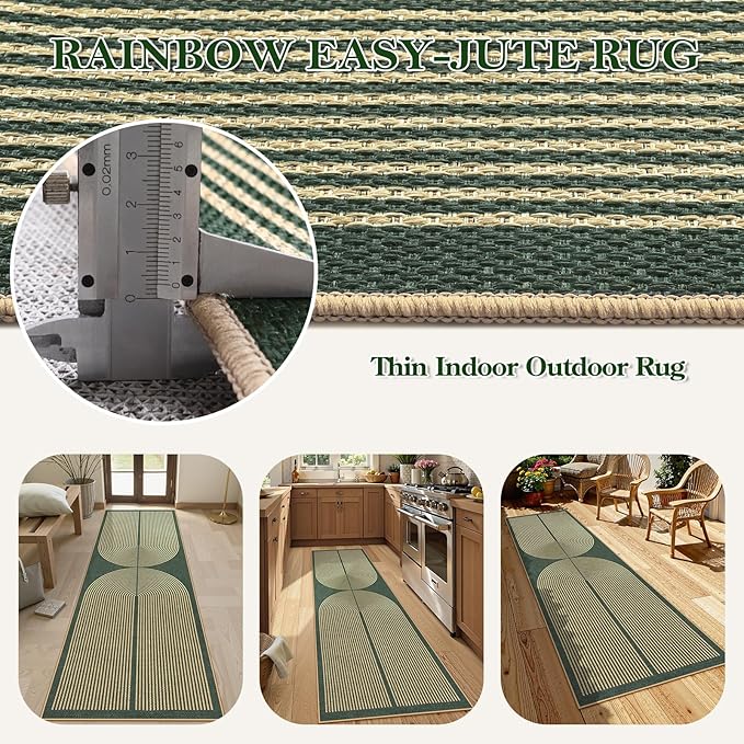 Lahome Modern Rainbow Easy Jute Kitchen Runner, 2x8 Indoor Outdoor Runner Rug for Hallway Entryway, Farmhouse Dark Green Non Slip Floor Carpet for Bedroom Foyer Laundry Room