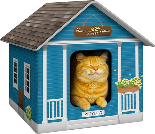 Deluxe Heated Cat House for Winter - Weatherproof, Insulated, Easy Assembly, Cat Heating Pad, Dual Escape Doors, Outdoor & Indoor Cat House - Blue Tiles Pethouse
