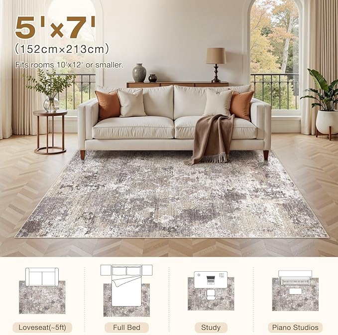 Area Rugs for Living Room: 5x7 Abstract Washable Rug Modern Neutral Large Soft Stain Resistant Non-Slip Backing Machine Table for Bedroom Dining Room Indoor Home Office Carpet - Light Brown