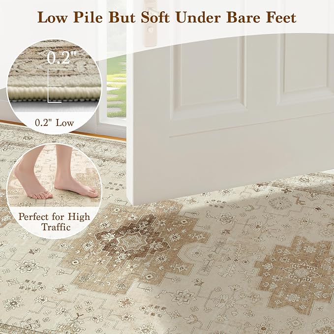 LBRO2M Vintage Washable Rugs 10X14 Area Rug for Living Room for Bedroom Dining Room Non Slip Farmhouse Rugs Easy Clean, Stain Resistant Carpet Great for Pets and Kids (10'X14' Beige)