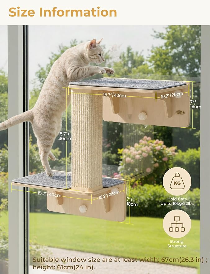 Pecute Double Cat Shelves with Scratching Post for Wall and Window with Solid Wood, Strong Suction Cup, Washable Cover Mat, Cats Perch Bed for Birds Watching Inside Indoor Cat Hammock Bed