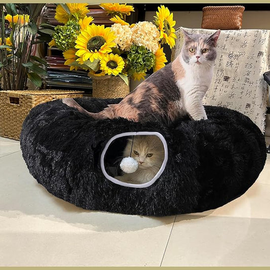 Cat Bed Tunnel Tube Toy Black Plush Round, Collapsible Pet Tunnels for Indoor Cats, Interactive Toys Play Tubes with Hanging Ball for Kitty, Puppy, Rabbit for Fun Playtime & Exercise