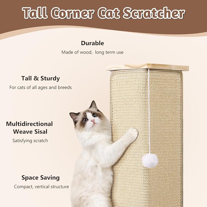 Couch Corner Cat Scratcher, 31'' Tall Cat Scratching Post with Interactive Ball Toys, Replaceable Sisal Scratch Pad for Indoor Cats, Furniture Protector for Sofa Wall