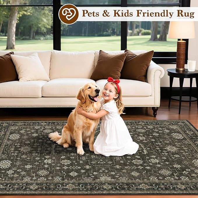 LBRO2M Farmhouse Washable Rugs 5X7 for Living Room Bedroom Vintage Non Slip Rugs Easy Clean, Low Piles Stain Resistant Carpet Distressed Area Rug Great for Pets and Family (5'X7' Dark Brown)