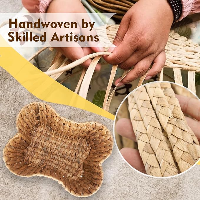 FairyHaus Wicker Dog Toy Basket Organizer, Large Bone Shape Bin with Dog Paw Decor, Natural Water Hyacinth Box for Pet Chew Toys, Blankets, Treats