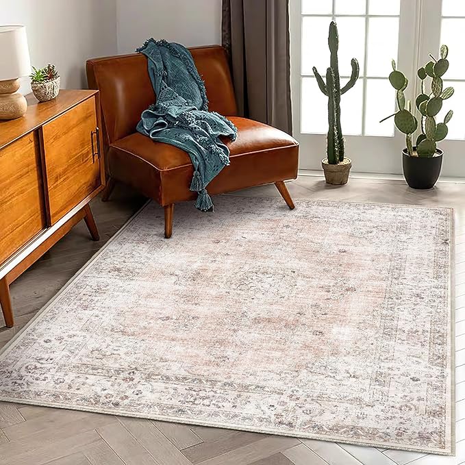 Washable Area Rug 4'x6' Vintage Traditional Floor Cover Foldable Thin Rugs Retro Kitchen Indoor Distressed Non Slip Carpet Floral Print Mat Bedroom Living Room