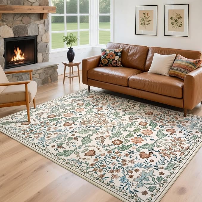 Floral Area Rug for Living Room: 8x10 Washable Soft Low Pile Thin Indoor Carpet, Non Slip Stain Resistant Vintage Flower Boho Accent Large Rugs for Bedroom, Dining, Home Office, Nursery - Beige