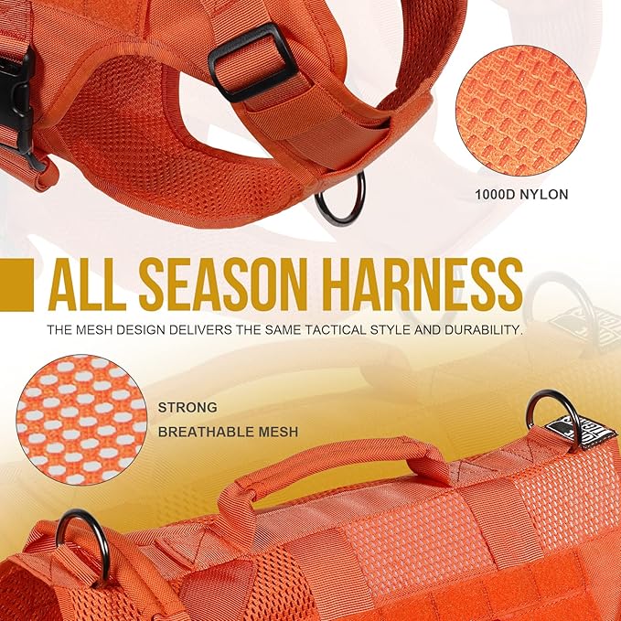 OneTigris No Pull Tactical Dog Harness for Large Dogs, Mesh Design Breathable Service Dog Vest with Handle, Military Dogs Vest Harness with Molle Panels for Walking Hiking Training (Orange, Large)