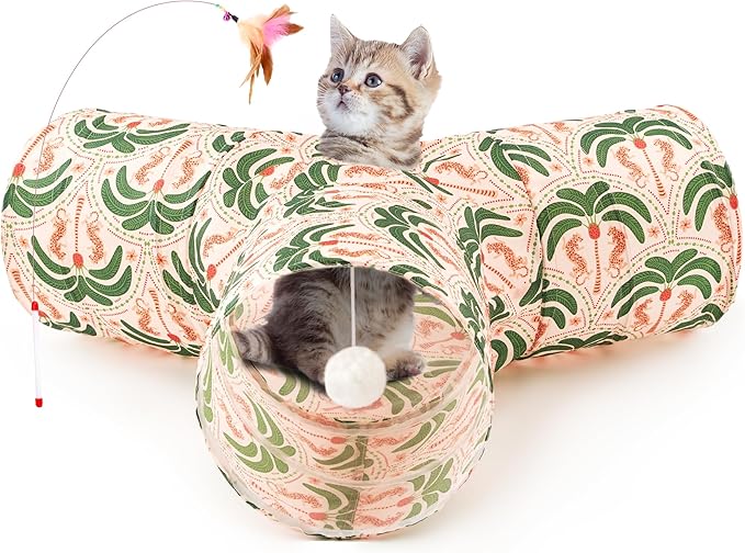 Tempcore Pet Cat Tunnel Tube Cat Toys 3 Way Collapsible, Cat Tunnels for Indoor Cats，Kitty Tunnel Bored Pet Toys Peek Hole Toy Ball Puppy, Kitty, Kitten, Rabbit Khaki Coconut Tree
