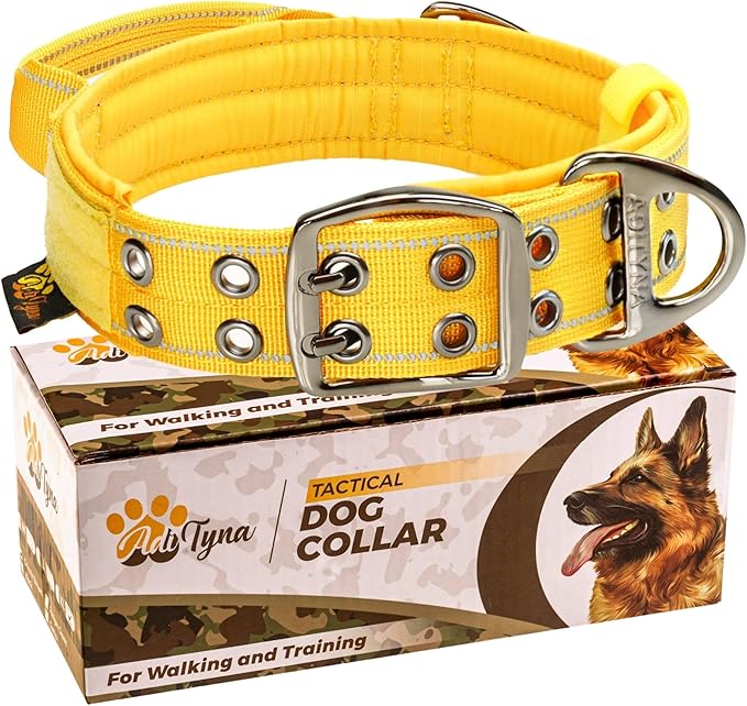 ADITYNA Heavy Duty Dog Collar for Extra-Large Dogs - Reflective Yellow Collar with Handle for Training, and Walking - Wide, Thick, Tactical, Soft Neoprene Padded