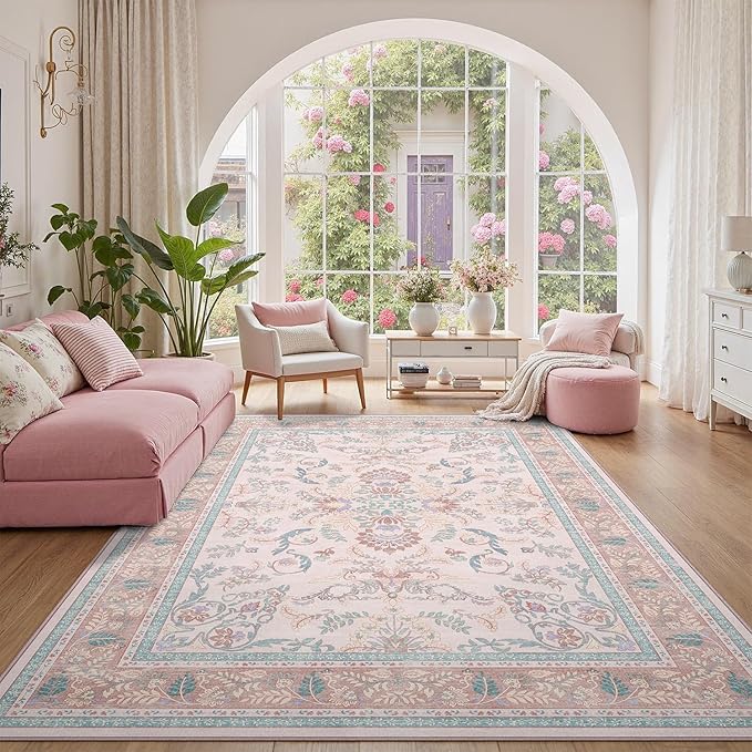 DCX Pink Floral 8x10 Area Rugs for Living Room, Machine Washable Large Soft Boho Non-Slip Botanical Rug for Bedroom Dinning Room Kitchen Flowers Playroom Nursery Carpets