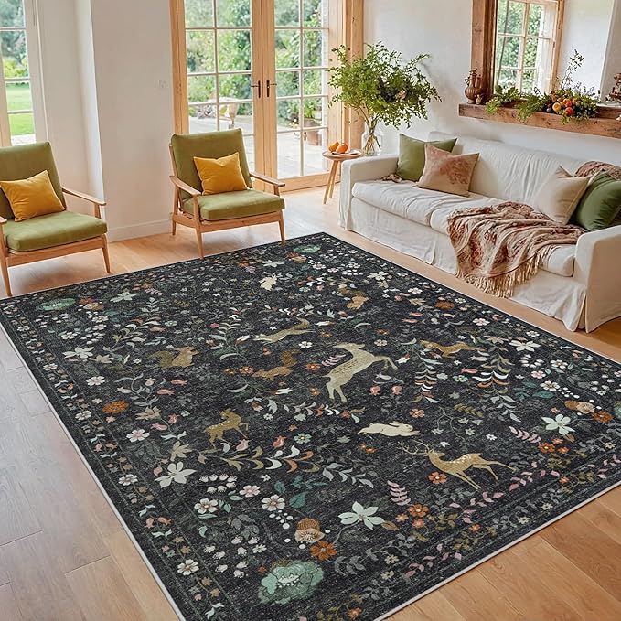 6x9 Area Rugs Washable Rug: Lagre Boho Living Room Rug Soft Non-Slip Thin Carpet Indoor Floor Non-Shedding Neutral Floral Carpets for Bedroom Dining Room Farmhouse Nursery Black