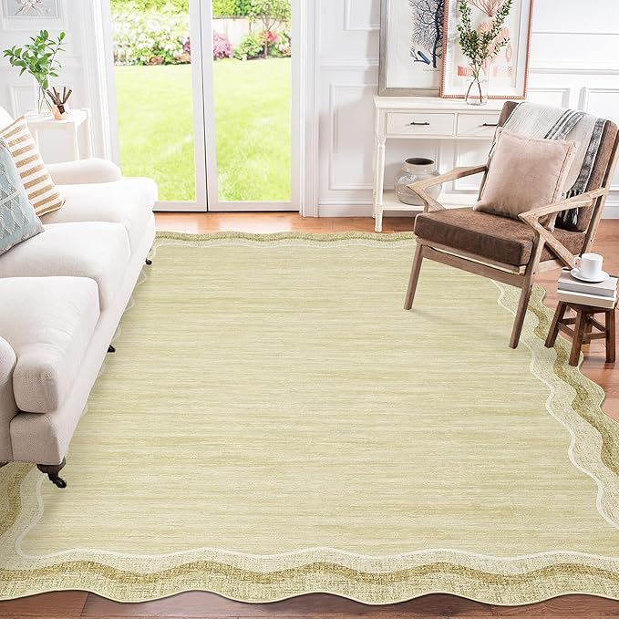 GarveeHome Washable Rug 9x12 Area Rug Solid Scalloped Carpet for Living Room Bedroom Modern Solid Carpet Non-Slip Easy Cleaning Low-Pile Soft Floor Mat for Nursery Home Office Dining Room, 9x12