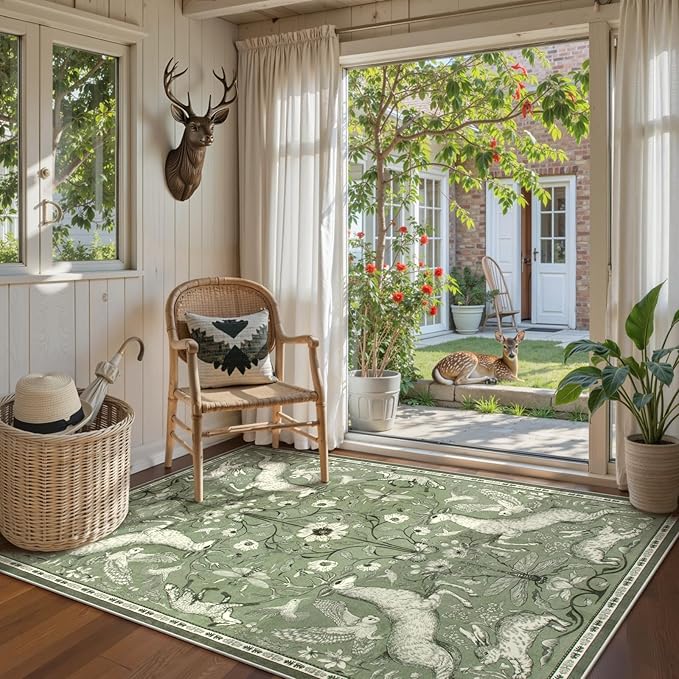 Lahome Boho Animal 5x7 Washable Living Room Area Rugs, Green Soft Rugs for Bedroom, Botanical Large Boho Non Slip Dining Room Carpet for Under Table Entryway Kitchen Office (5x7ft,Green)