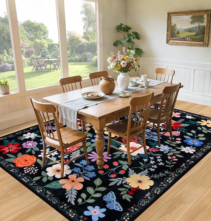 10x12 Area Rugs for Living Room: Floral Washable Rug Vintage Large Soft Boho Non-Slip Carpet Stain Resistant Low Pile Carpets for Bedroom Dining Room Farmhouse Nursery Hallway Home Office Black