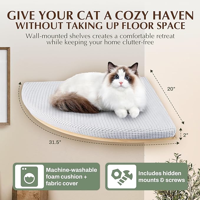 Extra Large 31.5" x 20" CALLICO HAVEN- Corner Cat Wall Shelf, Modern Wall Cat Bed, Corner Wall Hammock for Cats, Space-Saving Wall Cat Tree Bed, Sturdy/Hidden Mounts, Washable Cover- Fan Shape