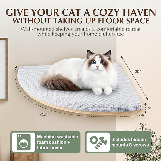 Extra Large 31.5" x 20" CALLICO HAVEN- Corner Cat Wall Shelf, Modern Wall Cat Bed, Corner Wall Hammock for Cats, Space-Saving Wall Cat Tree Bed, Sturdy/Hidden Mounts, Washable Cover- Fan Shape