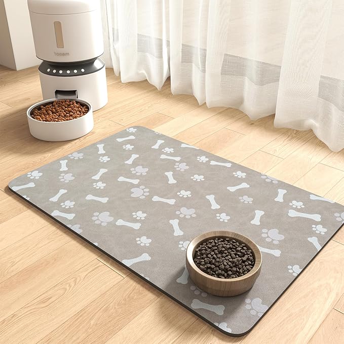 MontVoo Dog Food Mat-Pet Feeding Mat for Food and Water-No Stains Quick Dry Dispenser Cat Bowl Mat for Messy Drinkers(14"x22" Grey)