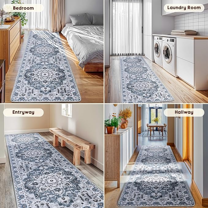LBRO2M Boho Hallway Rug 2'X10’ Washable Runner Rugs Non Slip Low Piles Rugs Vintage, Soft, Dusty Blue Area Rug Runners for Hallways, Bedroom, Kitchen Laundry Room Pattern Print (2'X10', Light Blue)