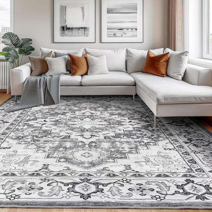 Lessymo 5x8 Area Rug for Living Room - Machine Washable Area Rugs, Super Soft Faux-Wool Area Rugs for Bedroom Kitchen, Boho Rug Vintage Floral Non-Slip Low Pile, Grey White
