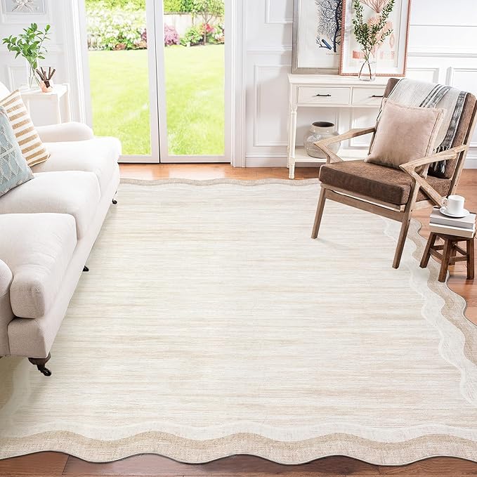 GarveeHome Washable Rugs 8x10 Scallop Solid Living Room Rug Scalloped Rug with Non-Slip Backing, Stain-Resistant Low Pile Easy Cleaning Rugs, Soft Modern Carpet for Bedroom Playroom Nursery,Beige