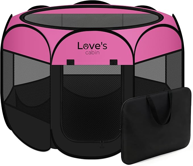 Love's cabin Pet Puppy Dog Playpen, Large Dog Tent Crates Cage Indoor/Outdoor, Portable Playpen for Cat, Foldable Pop Up Dog Kennel Playpen with Carring Case, Removable Zipper Top, Pink