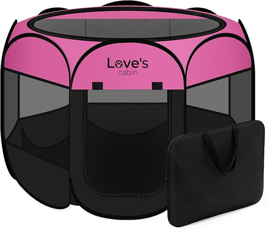 Love's cabin Pet Puppy Dog Playpen, Small Dog Tent Crates Cage Indoor/Outdoor, Portable Playpen for Cat, Foldable Pop Up Dog Kennel Playpen with Carring Case, Removable Zipper Top, Pink