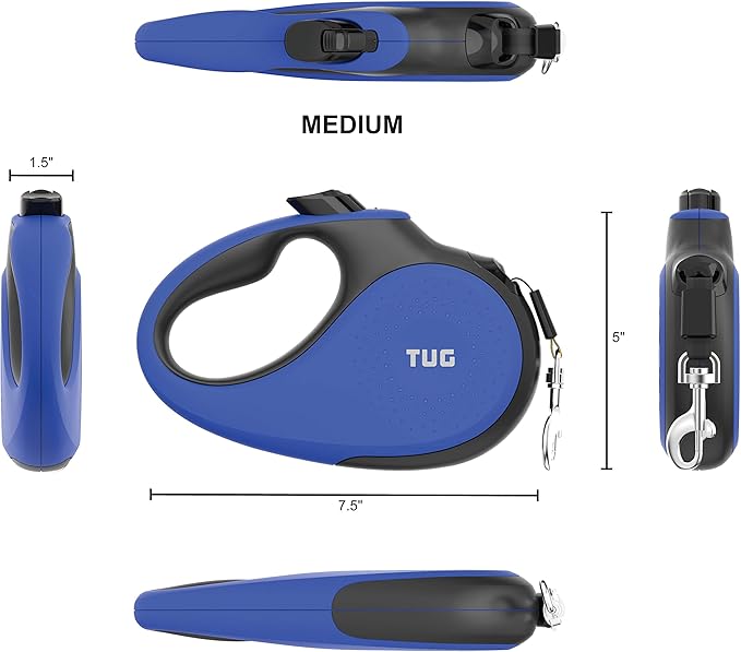 TUG 360° Tangle-Free Retractable Dog Leash with Anti-Slip Handle | 16 ft Strong Nylon Tape | One-Handed Brake, Pause, Lock (Medium, Blue)