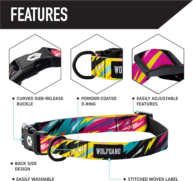 Wolfgang Heavy Duty, Adjustable Dog Collar with Quick Release Nylon Buckle for Walking & Training, FuzzyTails Print, Small
