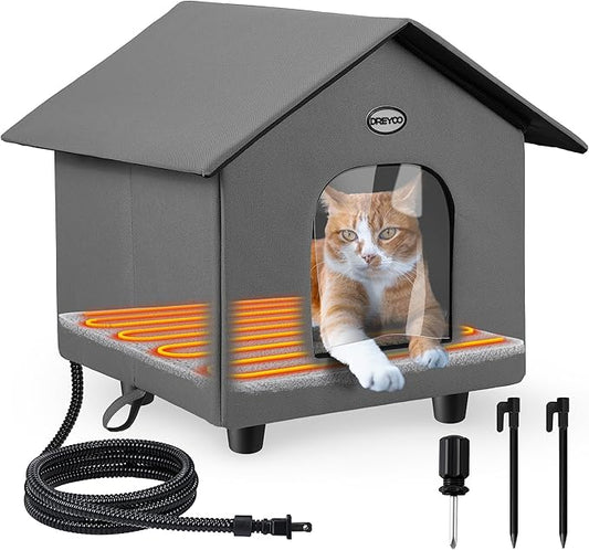 Dreyoo 1 Pack Heated Cat House Weatherproof, Winter Outdoor Tent with Heated Bed, Foldable Warm Shelter with 2 Doors for Feral Cats and Small Animals (Dark Gray)