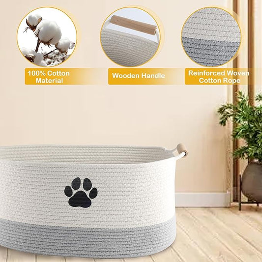 Geyecete Dog toy basket dog toy bin Woven Storage Baskets for Dog Cat Dog Toy Box Sturdy Reinforced Handles with Paw Print basket-Beige/Gray