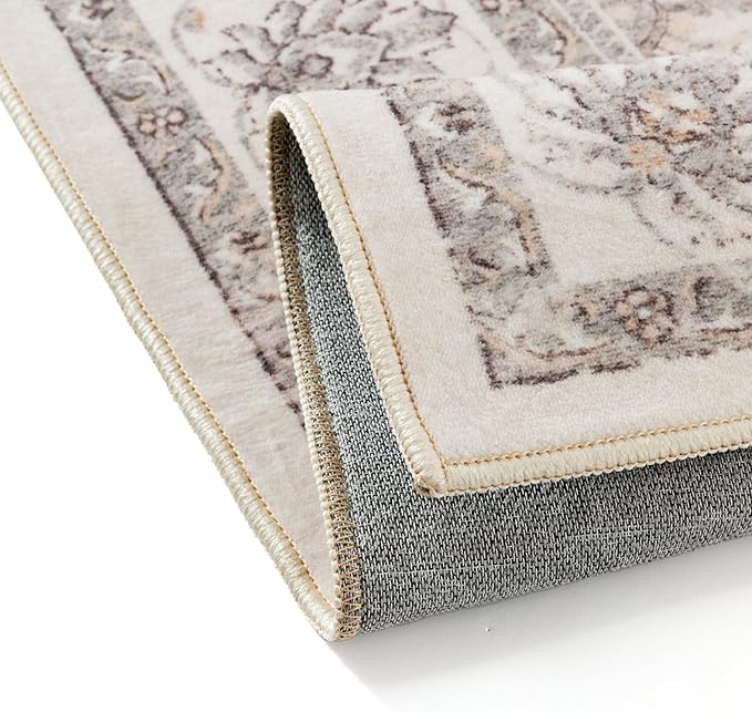 9x12 Area Rug Beige Washable Vintage Carpet Living Room Bedroom Large Non Slip Stain Soft Resistant Low Pile Thin Boho Accent Indoor Throw Rug for Dining Room Office
