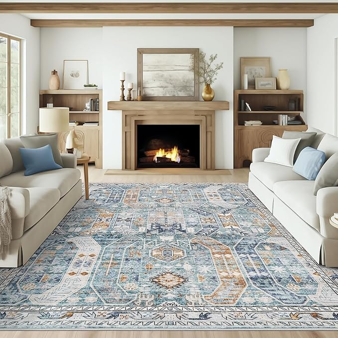 9x12 Area Rug,Ultra-Thin Washable Rugs for Living Room,Non-Slip Lightweight Foldable Area Rug,Stain Resistant Vintage Large Rugs (Blue/Gold,9'x12')
