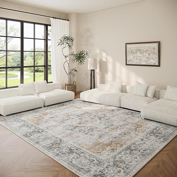 6x9 Area Rugs for Living Room: Washable Rug Stain Resistant Vintage Non Slip Low Pile Faux Wool Soft Large Area Rug for Bedroom Kitchen Dining Room Under Table Nursery Farmhouse Home Office Indoor