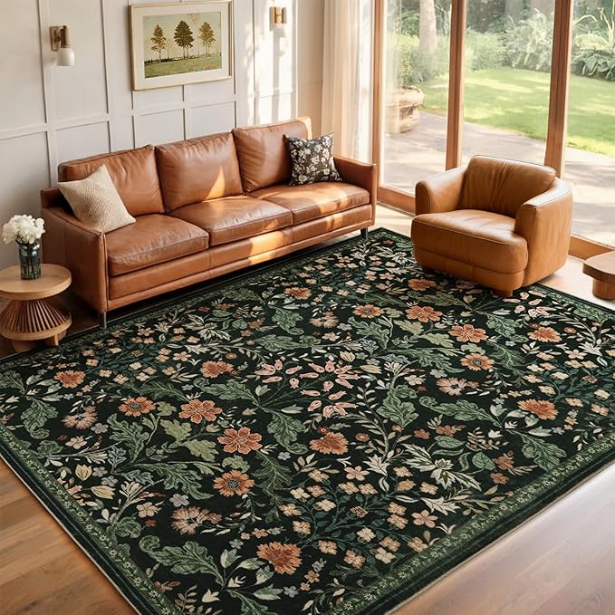 Floral Area Rug for Living Room: 8x10 Washable Soft Low Pile Thin Indoor Carpet, Non Slip Stain Resistant Vintage Flower Boho Accent Large Rugs for Bedroom, Dining, Home Office, Nursery - Black