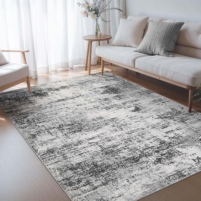 Area Rug Living Room Washable Rugs: 5x7 Modern Neutral Abstract Low Pile Non Slip Floor Carpet - Large Soft Thin Stain Resistant Rug for Bedroom Dining Indoor Office Home, Dark Grey