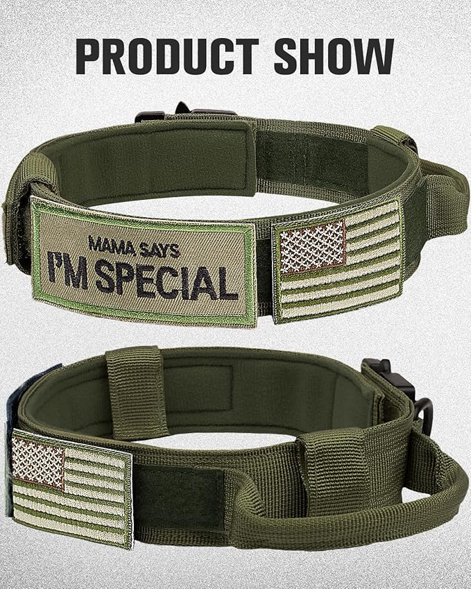 Joytale Tactical Dog Collar with Handle, Adjustable Heavy Duty Military Collar with 2 Patches for Training, Suitable for Medium Dogs, ArmyGreen, M