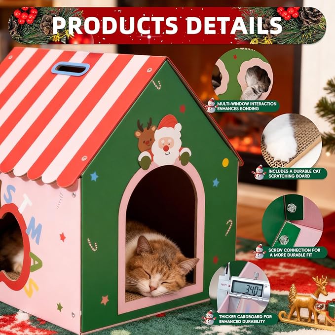 WUGO Christmas Cat Scratcher House - Cardboard Cat House with 2pcs Scratching Pad 16.5"x16"x17" Christmas Valentine's Day Decorations Scratcher for Kitty Play House for Indoor Cats’ Birthday Cats Red