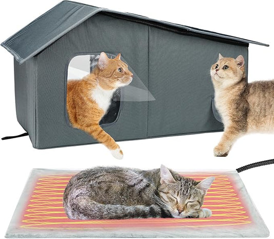 Weatherproof Heated Cat Houses for Outdoor Cats - Insulated Cat Shelter for Winter with Thermostatic Heating Pad and Escape Door, Warm Outside Pet House Gift for 2-3 Feral Cats (Large)