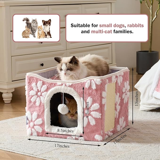 Cat Houses for Indoor Cats, Cute Cat Cave with Fluffy Ball Hanging and Scratch Pad, Foldable Kitten Condo Hideaway, 17x17x13 inches, Pink Flower