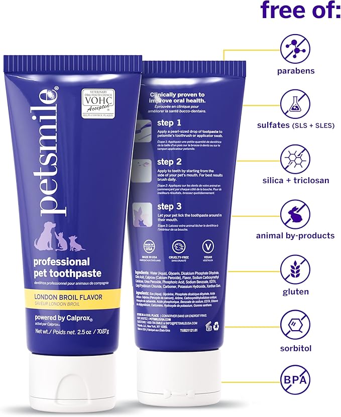 Petsmile Professional Pet Toothpaste for Cats & Dogs - Only VOHC Accepted Toothpaste - Clinically Proven to Control Plaque & Tartar Calprox Formula (London Broil, 2.5 Oz)