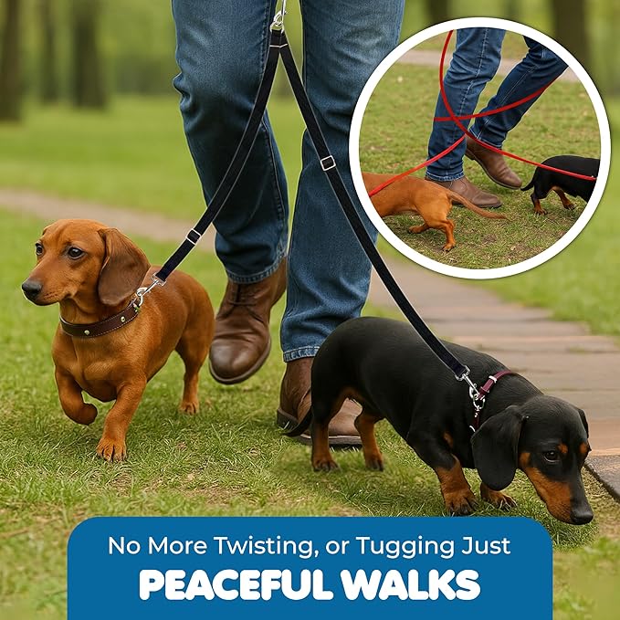 SunGrow 16-24" Adjustable Double Dog Walker Leash, Lightweight Dual Lead with 360째 Swivel Zinc-Alloy Clips, Durable Polypropylene Strap, Fits Small to Medium Breeds, Ideal for Daily Walks & Training
