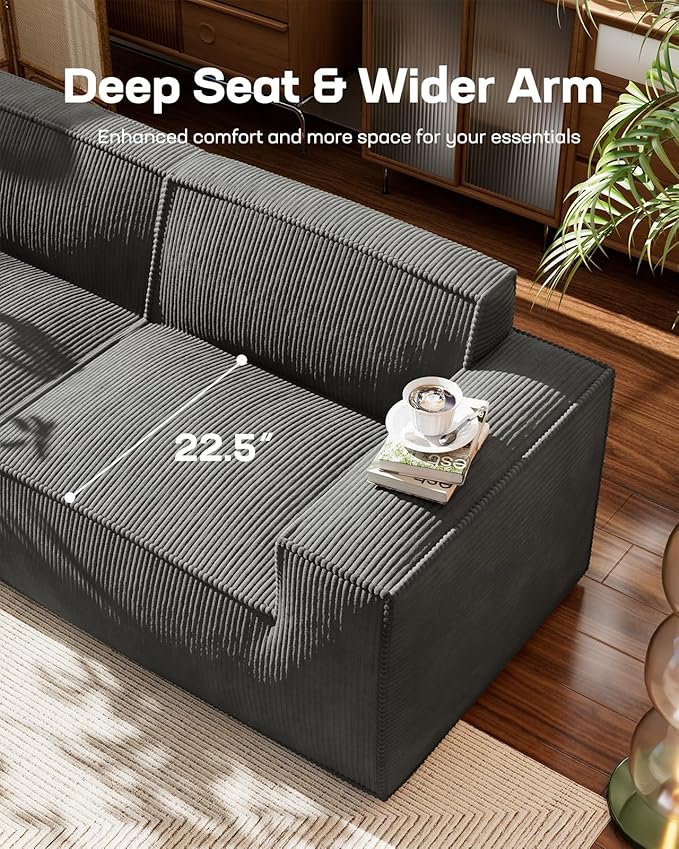Marsail Modular Sectional Sofa, 111" I-Shaped Modular Sectional Couch with Deep Seat, Freely Combinable Sectional Cloud Sofa for Living Room, No Assembly, Plush Corduroy Fabric, Grey