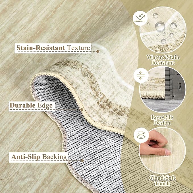 GarveeHome Scalloped Washable 5x7 Area Rugs for Living Room Modern Solid Rug for Bedroom Dining Room, Non Slip Scalloped Throw Rug with Rubber Backing, Soft Low Pile Dorm Nursery Carpet Beige 5x7
