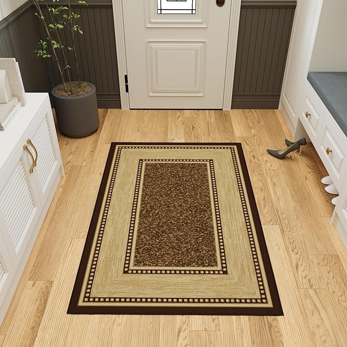 Ottomanson 3'3" x 5' Rugs for Living Room Border Area Rug for Bedroom - Non Slip Durable Large Floor Carpet for High Traffic Areas - Indoor Rug for Dining Room Kitchen Kids Playroom, Brown