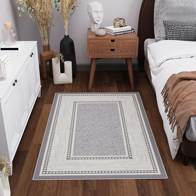 Ottomanson 3'3" x 4'7" Rugs for Living Room Border Area Rug for Bedroom - Non Slip Durable Large Floor Carpet for High Traffic Areas - Indoor Rug for Dining Room Kitchen Kids Playroom, Light Gray