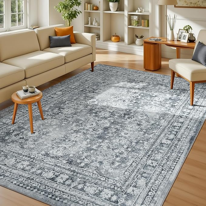Lessymo 5x7 Area Rugs for Living Room, Machine Washable Non Slip Rug, Soft Low Pile Carpet for Bedroom Dining Home Office, Vintage Grey/White Distressed Floral Floor Mat