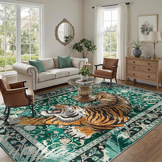 DCX Washable 8x10 Tiger Area Rug, Green Vintage Animal Rug for Living Room, Soft Low Pile Carpet, Kid & Pet Friendly with Rubber Back Non Slip, Stain Resistant Rug for Bedroom Dining Room Office