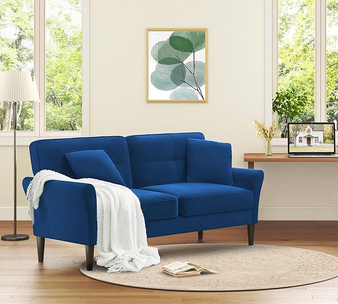 69" Loveseat Sofa, Velvet Small Couches for Small Spaces, Love Seat Couches with 2 Pillows, Tool-Free Setup Loveseats, 700lb Load Sofas for Living Room, Mini Couch for Bedroom, Comfy Sofa Couch, Blue
