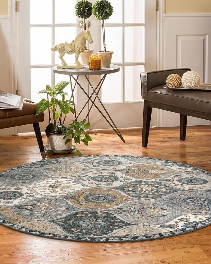 Lahome Moroccan Trellis Round Area Rugs, Washable Small Round Rug 3ft Non-Slip, Soft Vintage Ultra-Thin Circle Carpet for Bedroom Entryway Kitchen Laundry Bathroom, Grey
